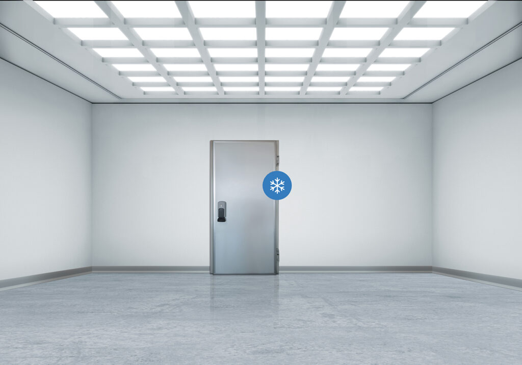 Minimal white room with a stainless freezer door and snowflake icon.