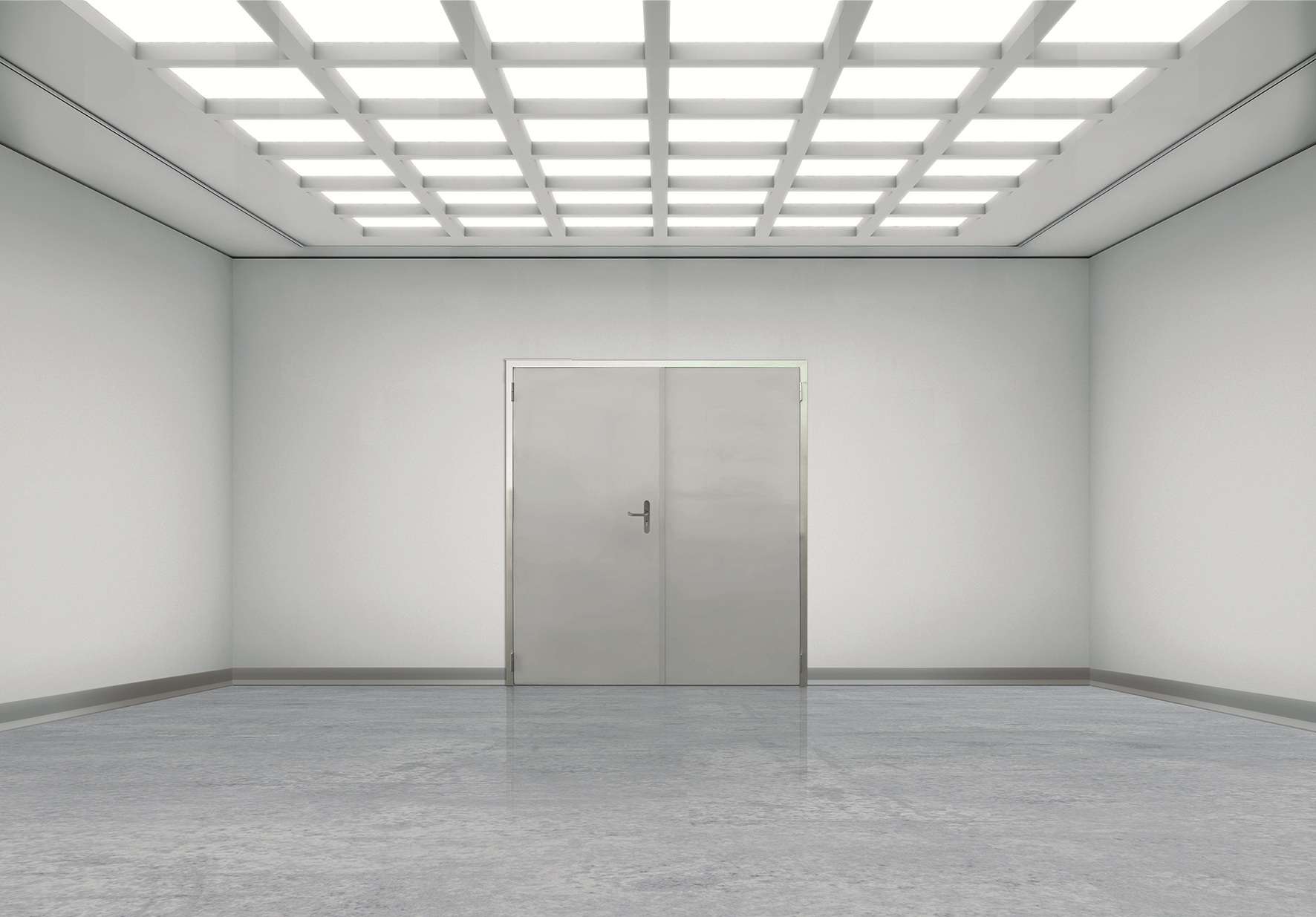 Empty white room with grid ceiling lights and metal double doors