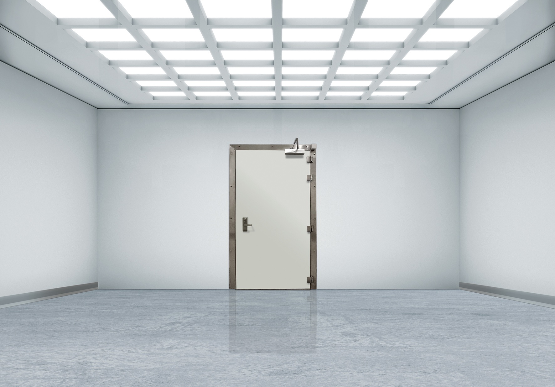 Empty white room with a metal-framed door and bright grid ceiling lights.