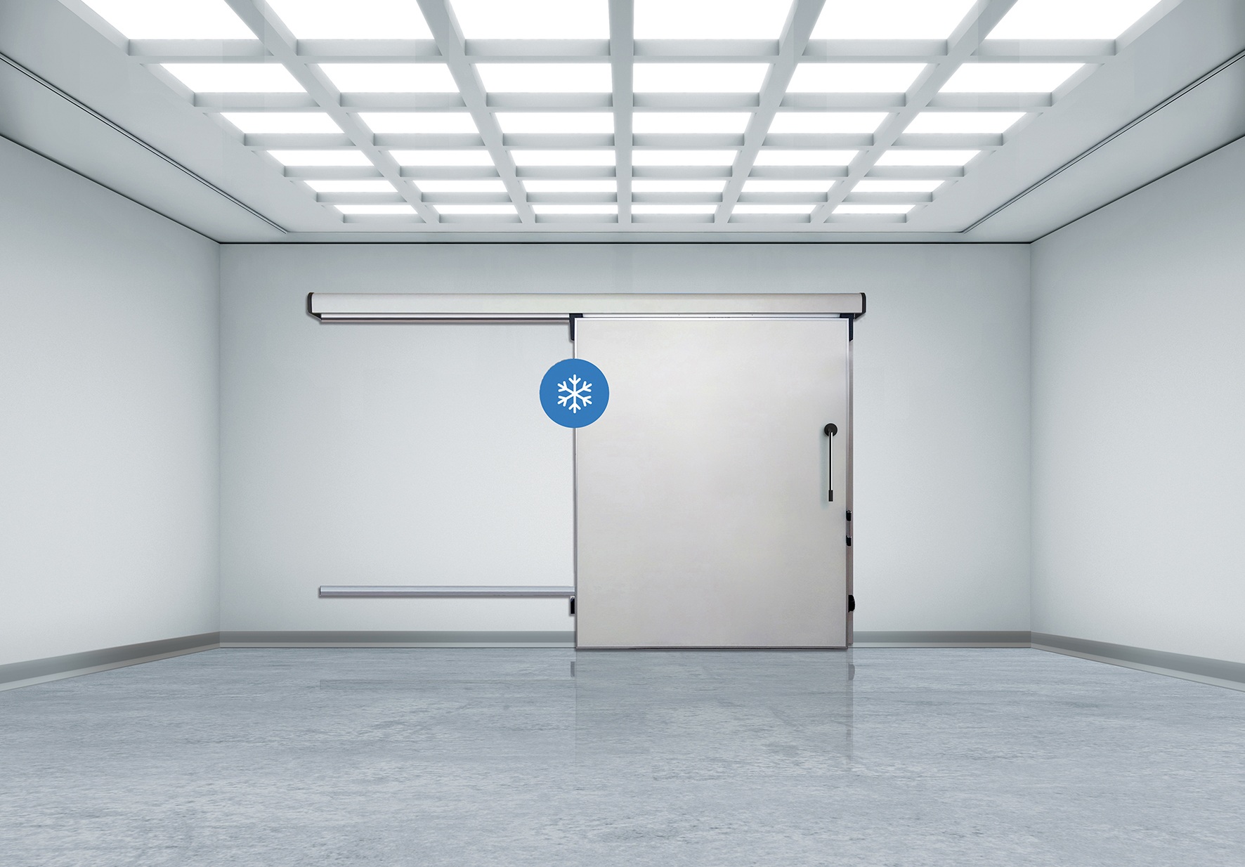 Sterile room with metal sliding freezer door and snowflake icon