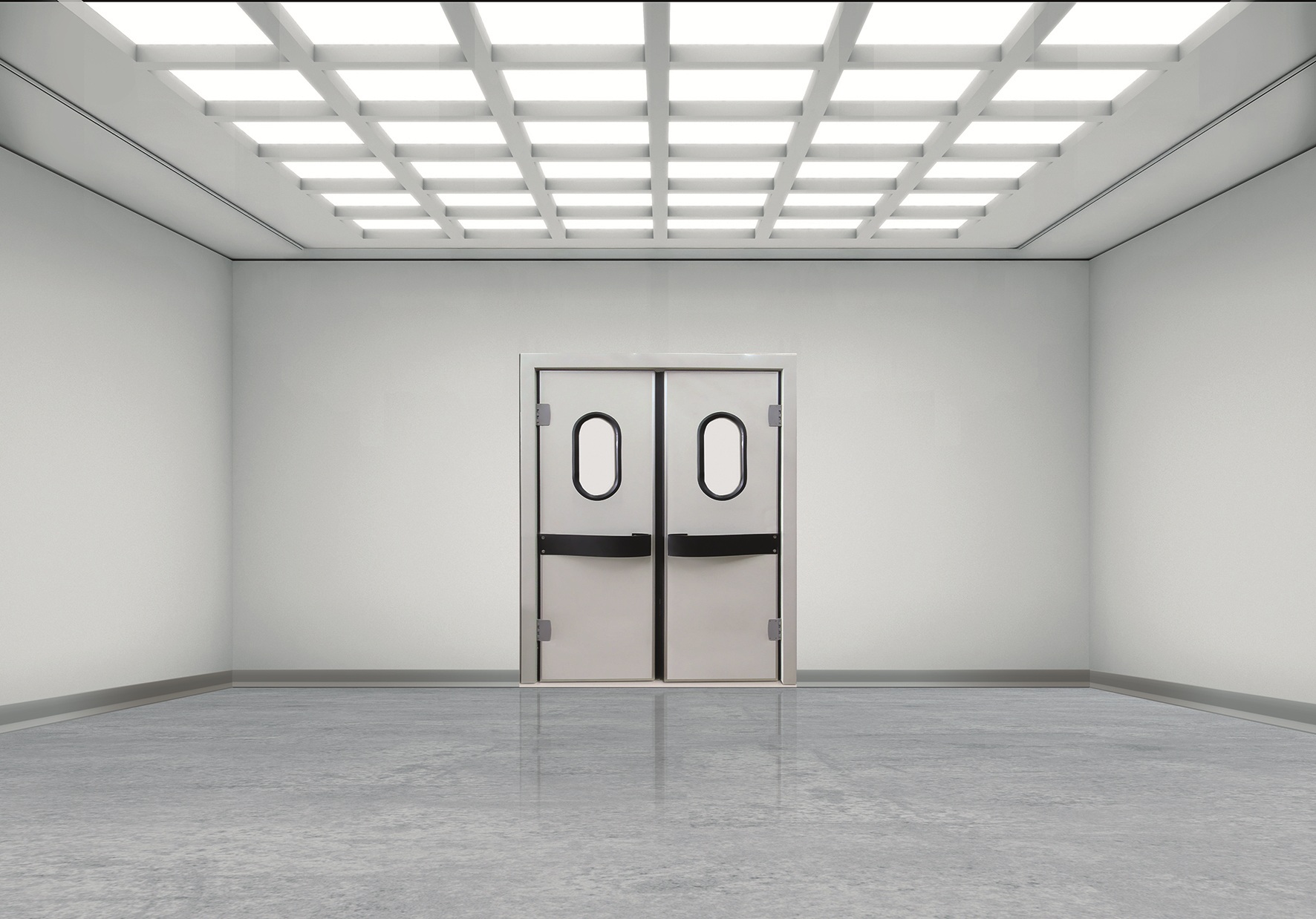 Empty, sterile room with double swinging doors and bright grid lights.
