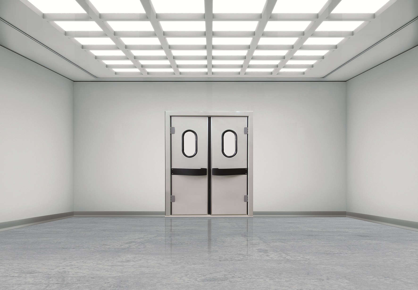 Empty white room with double swing doors and bright grid lights