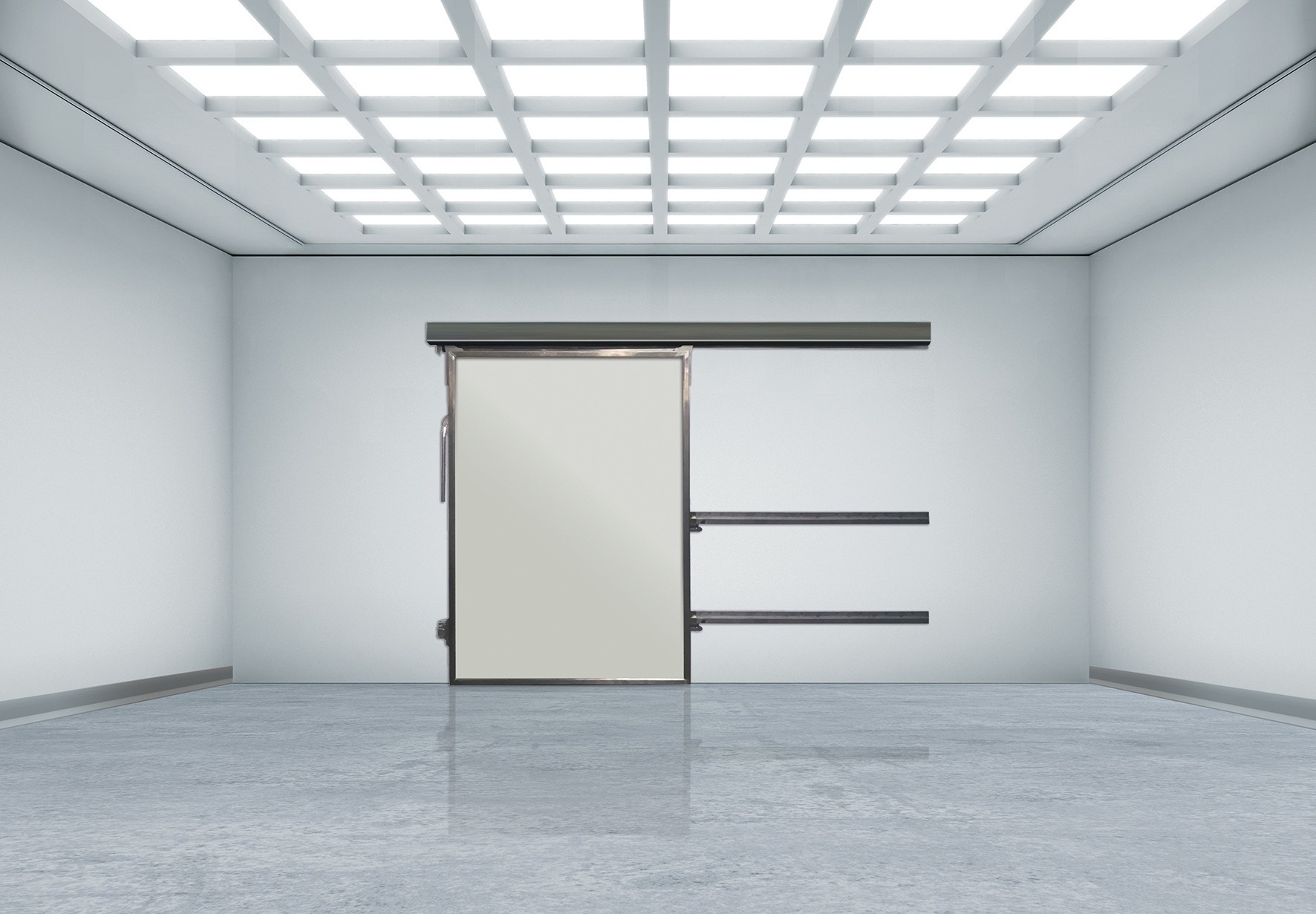 Bright cleanroom with a central sliding door and grid-lit ceiling.