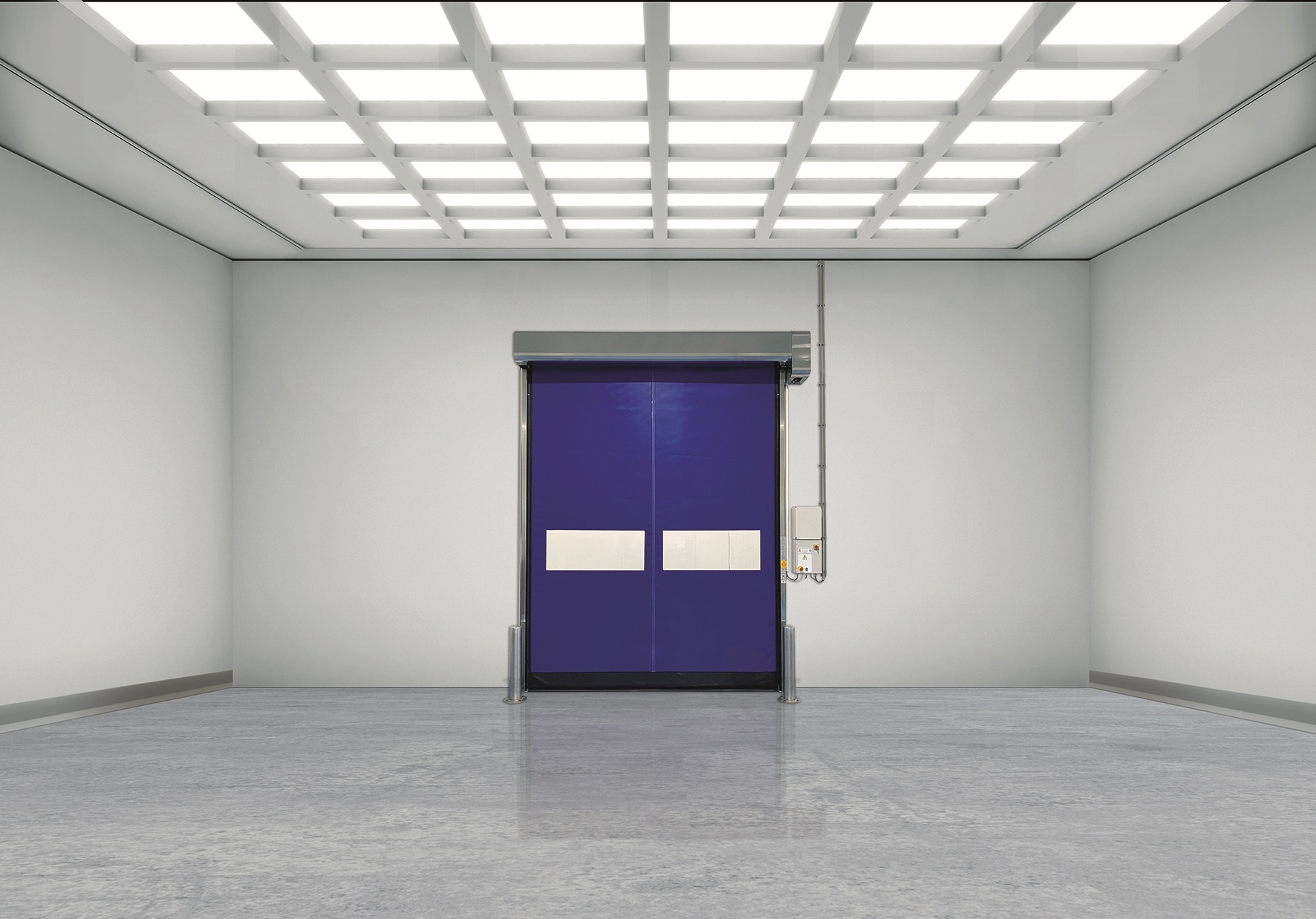 Cleanroom with purple high-speed roll-up door under grid lights