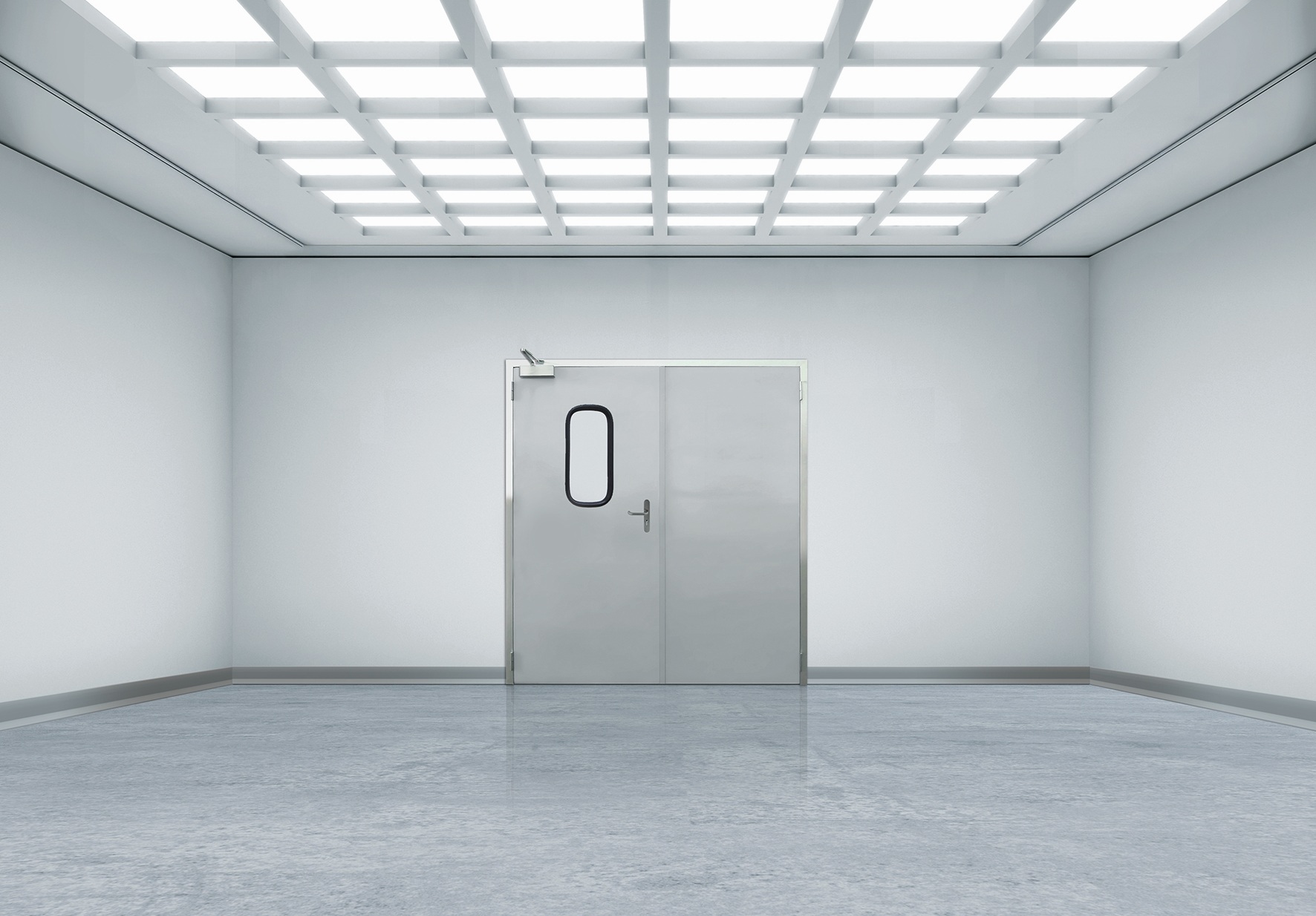 Sterile white room with metal double doors and grid ceiling lights