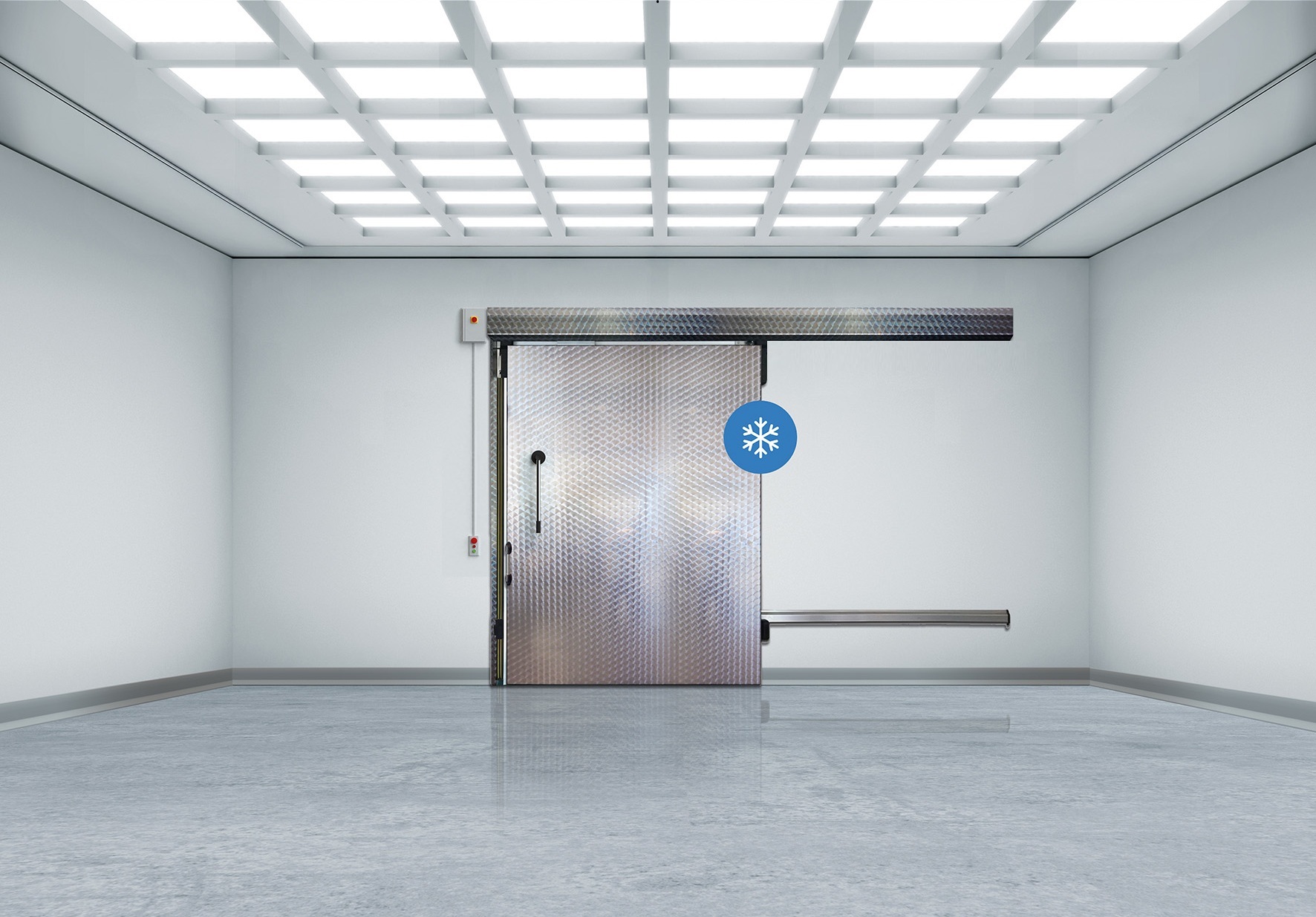 Walk-in freezer with stainless sliding door and grid ceiling lights.