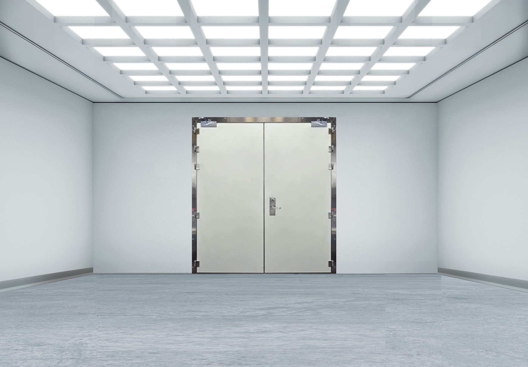 Bright cleanroom interior with a grid-lit ceiling and a sealed double metal door